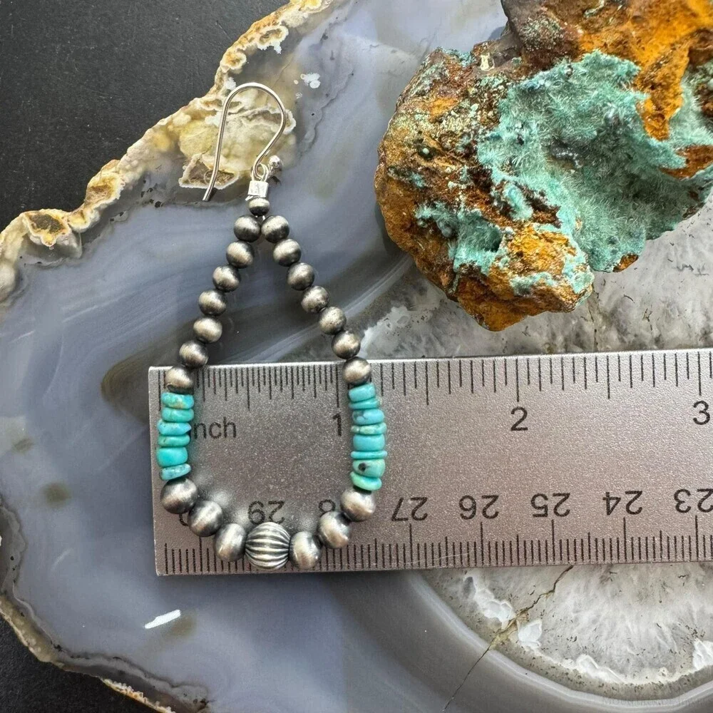 Sterling 4-6.5mm Navajo Pearl Southwester Style&4mm Turquoise Bead Hoop Earrings - Picture 9 of 10
